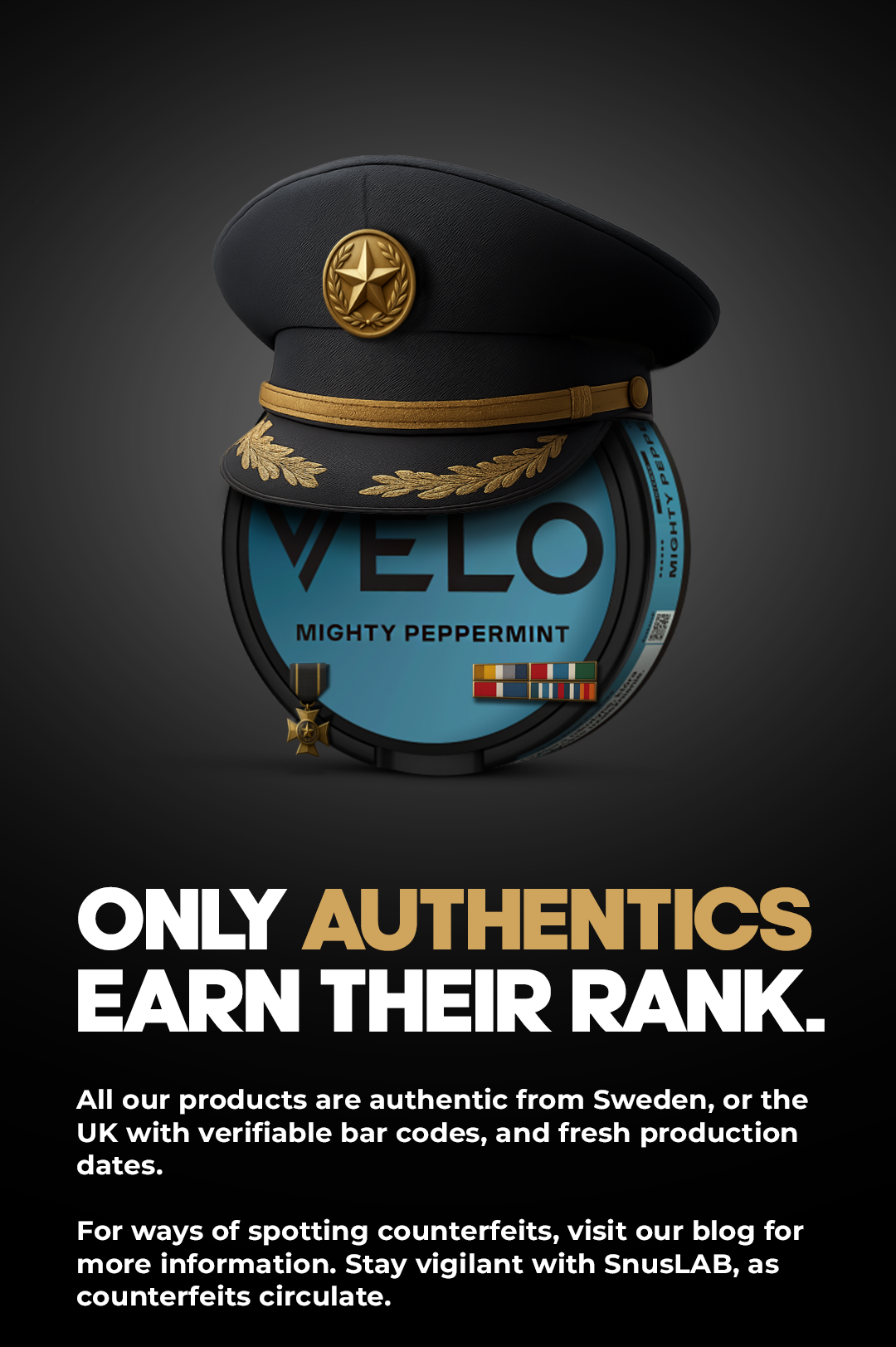 Authentic VELO nicotine pouches can with a military hat on top over dark background